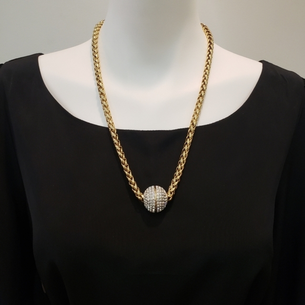 VINTAGE Pave Crystal Ball Spinner Pendant Necklace Heavy Gold Tone Chain